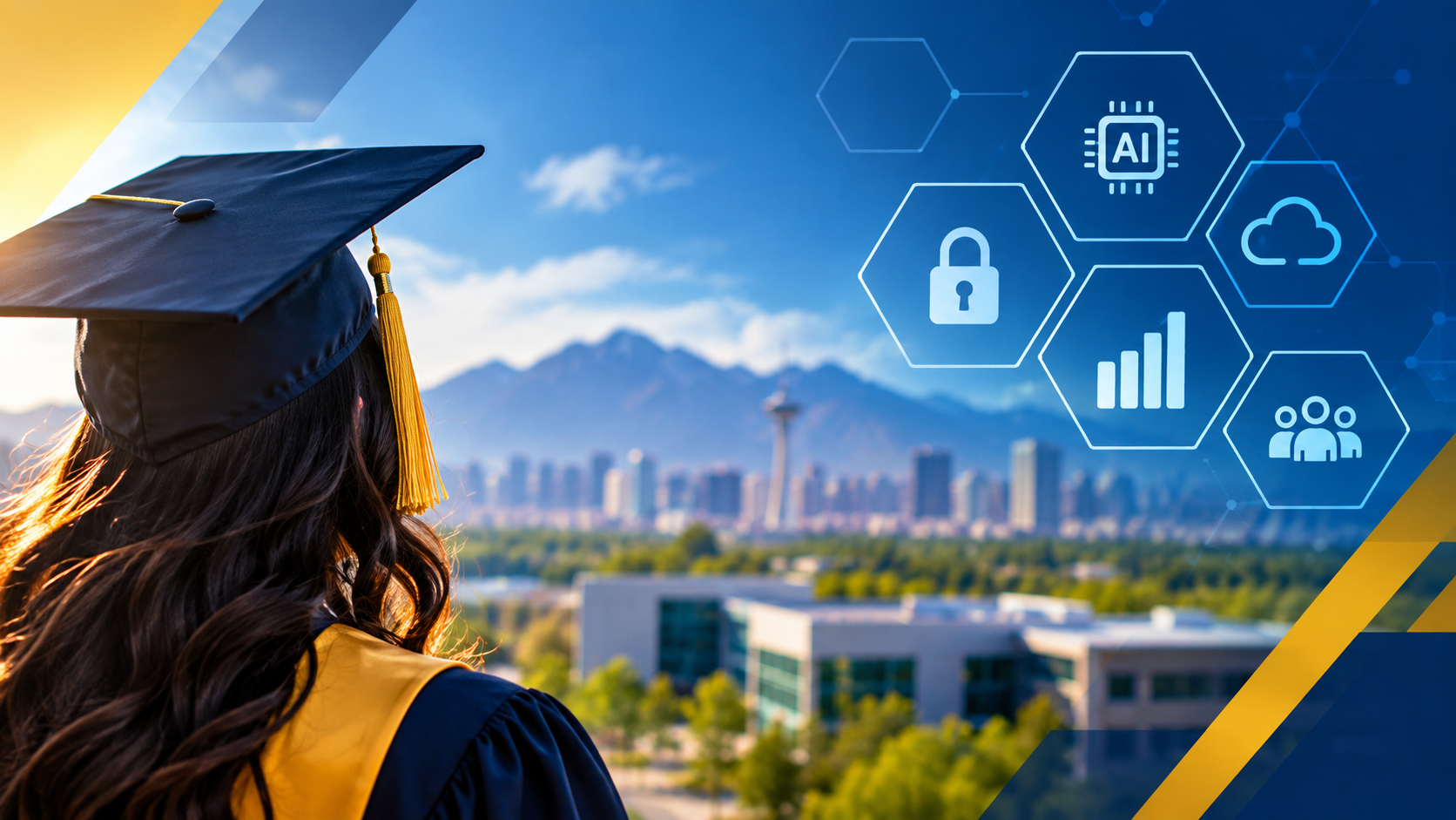 Student wearing grad cap and robe looking over Las Vegas valley.